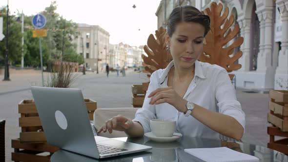 Woman Using Laptop and Free Wifi at Outdoor Cafe alt