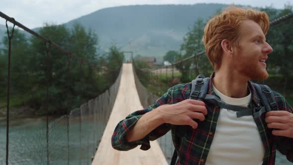 Cheerful Man Hiking Mountains Close Up alt