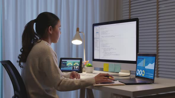 Asian woman data scientist work home night computer science program. alt