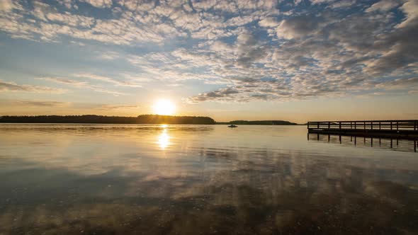 Sunset Over Lake Time Lapse. Sky Reflecting in Calm Water. Lake Wdzydze, Kashubia,Poland.