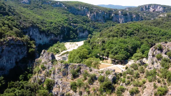 Aerial view of Narural arch in Vallon Pont D'arc in Ardeche canyon in France