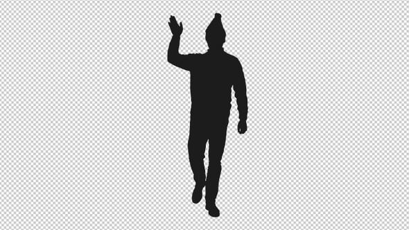 Silhouette of Mid Adult Man in Hat Waving Greetings while Walking, Alpha Channel