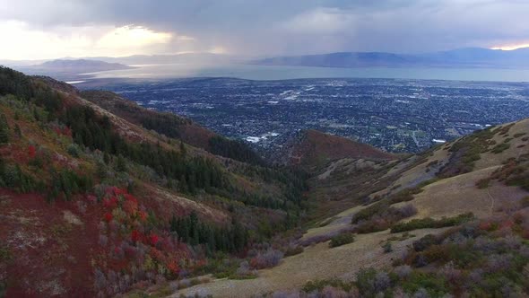 Aerial view of Fall color on landscape of foliage. alt