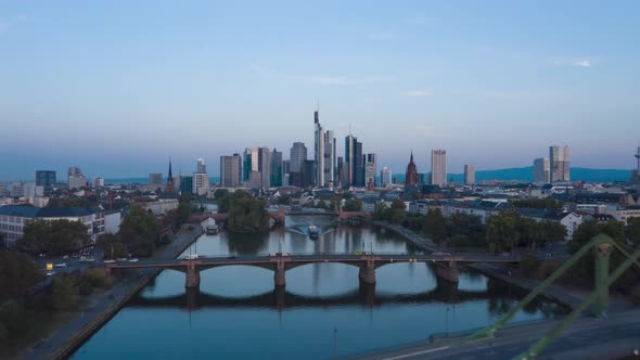 Frankfurt Am Main, Germany Skyline Establisher Hyperlapse Moving Time Lapse Over Main River with alt