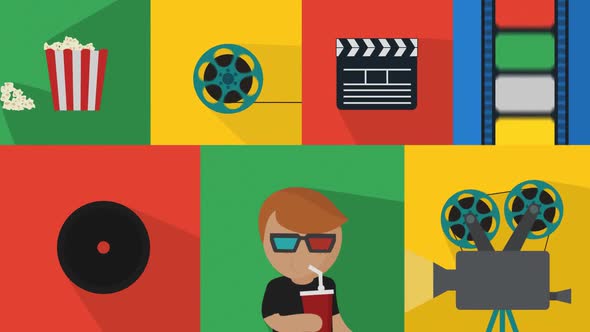 Set Of Cinema icons with boy watching a 3d movie. Popcorn, camera, videotape