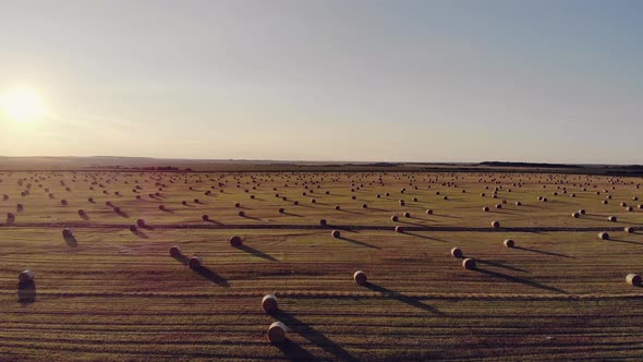 Aerial Drone Shot of Straw Bales (Dry Grass) on Farmland