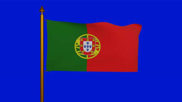 National flag of Portugal waving with flagpole on chroma key, Republic of Portugal flag textile alt