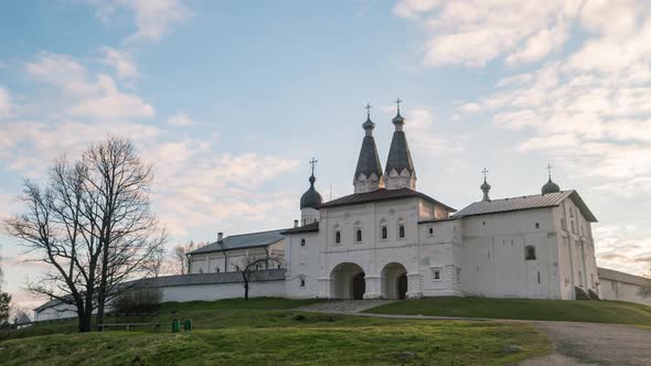Ferapontov Belozersky Monastery of the Russian Orthodox Church in front of a cloudy sky. Russia
