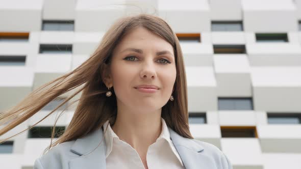 Closeup Portrait of Nicelooking Beautiful Businessperson Elegant Young Woman alt