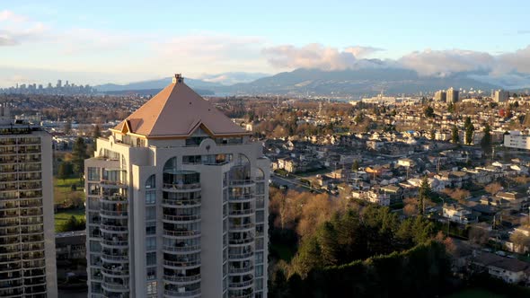 Drone Ascend Over High-rise Contemporary Buildings In Brentwood Neighbourhood In Burnaby, Canada. - alt