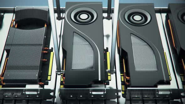 Graphics cards on an assembly line. Automated GPU manufacture in the factory. 4k alt