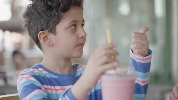 Cute Child Boy Drinking Milkshake with Pipette at Cafe alt