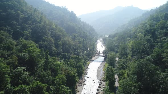 The Ganges river near Rishikesh state of Uttarakhand in India seen from the sky alt