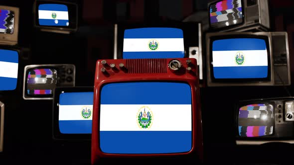 Flag of El Salvador on Retro TVs. 4K.