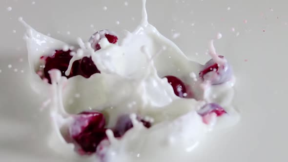Several Halves of the Cherry Berries Fall Into the Milk
