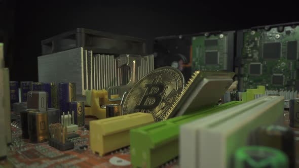 Bitcoin on the Digital Technology Motherboard with Central Processor. Mining and Trading Concept alt