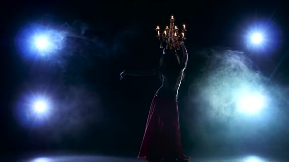 Beautiful Belly Dancer Go on Dancing with Candles, Her Head, Black, Smoke, Silhouette alt