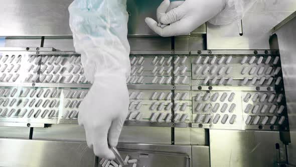 Conveyor Belt with Capsules Getting Replaced By a Factory Worker alt