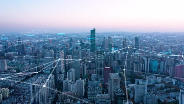 smart Connected city skyline. Futuristic network concept, city Technology. alt