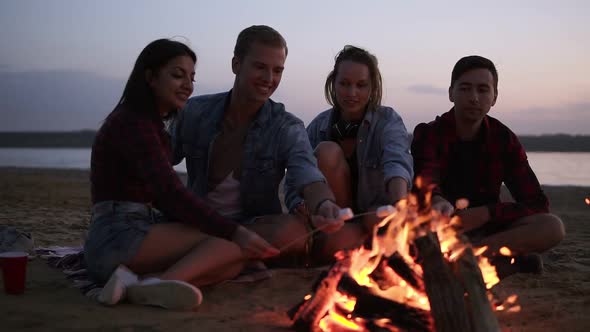 Young and Cheerful Friends Sitting on the Wild Beach and Fry Marshmallows Near Bonfire alt
