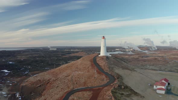 Aerial View of the Lighthouse at Reykjanes Peninsula During Sunset. Iceland in Early Spring