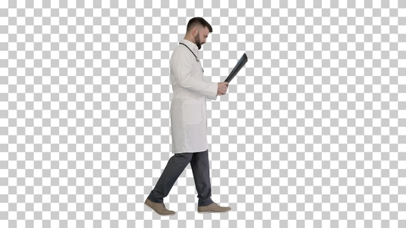 Medical doctor walking and looking at, Alpha Channel alt