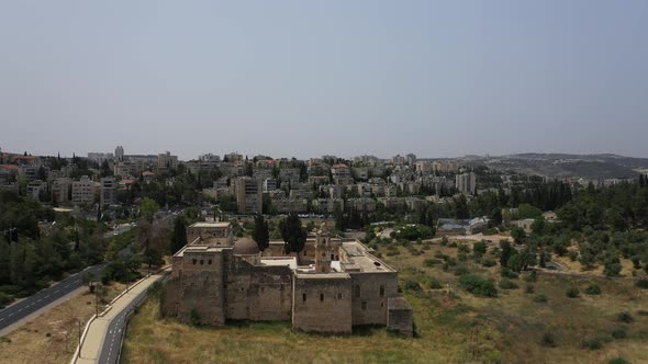 Aerial view over the Jerusalem Monastery of the Cross, fly over, Israel alt