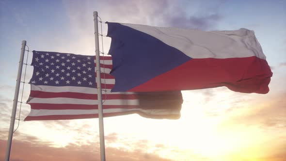 Czech Republic and United States Flag on Flagpole alt