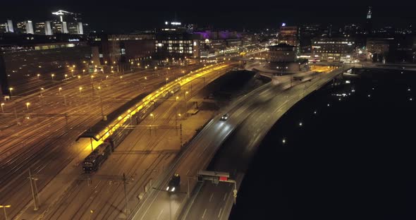 Aerial View of Railway at Night in Stockholm