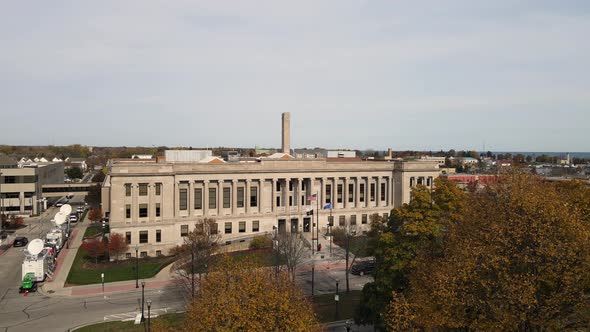 Aerial view Kenosha County, Wisconsin, Court House, on clear blue day. Autumn foliage glowing.