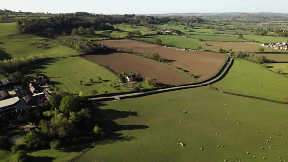 Beautiful Aerial Spring Agricultural Landscape England Mickleton Woods Sheep In Field, Colour Graded