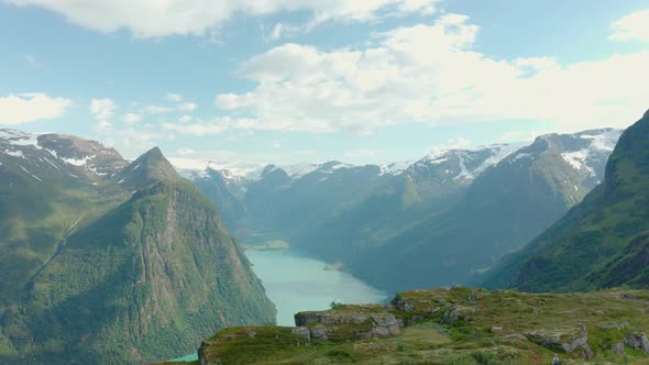 Oldeelva River At The Oldedalen Valley On The Shore Of The Nordfjorden In Olden, Norway. aerial alt