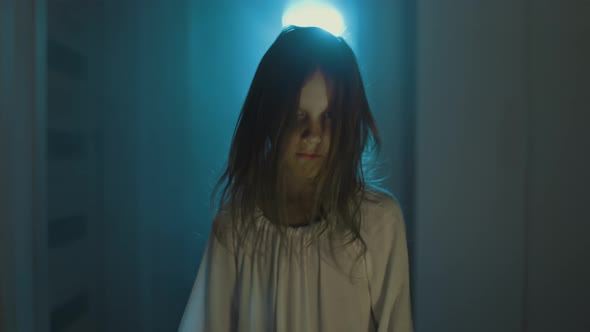 Ghost Girl In White Nightgown With Loose Hair In A Scary House alt