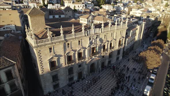 Historical Santa Ana Square with lots of people, aerial view; Granada