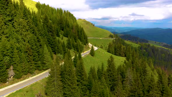 Motorcyclist driving his motorbike on the mountain forest road in the country side. alt