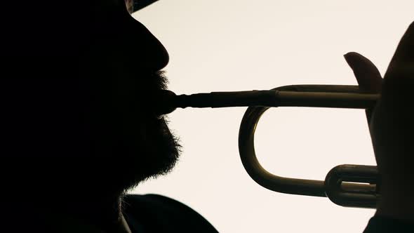 Face of Man Playing Trumpet in Studio on White Background Closeup alt