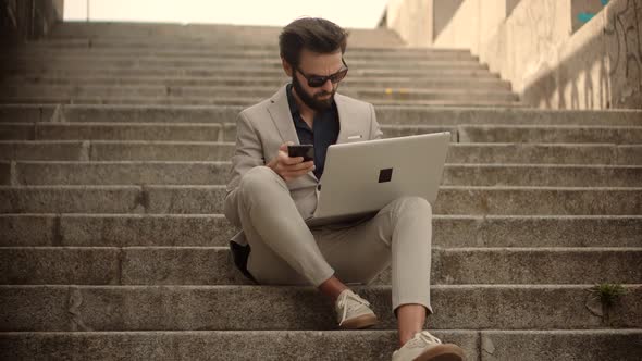 Serious Man Study Online Work Typing Email. Digital Nomad Remote Working In Internet Distance Job. alt