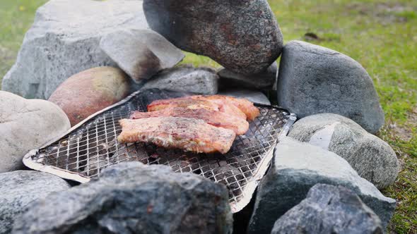 Salmon steak is grilled on a barbecue in a of smoke