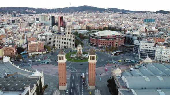 Barcelona Panorama with Residential Areas and Spain Square Aerial View alt