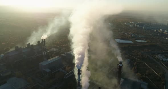 Pollution of the Environment by the Metallurgical Plant. Top View of Smoking Chimneys.