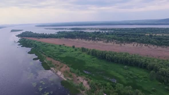 Above Wide River with Islands in Summer Aerial Shot