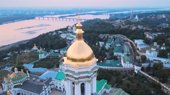 Kyiv-Pechersk Lavra in the Morning at Sunrise. Ukraine. Aerial View alt