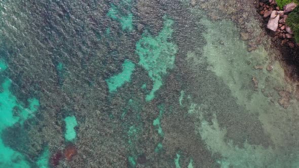 Aerial view of turquoise blue reef and coastline Praslin Seychelles.