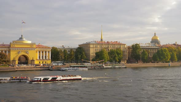 Water and Automobile Transport in Saint Petersburg, View From Bridge Over Neva River