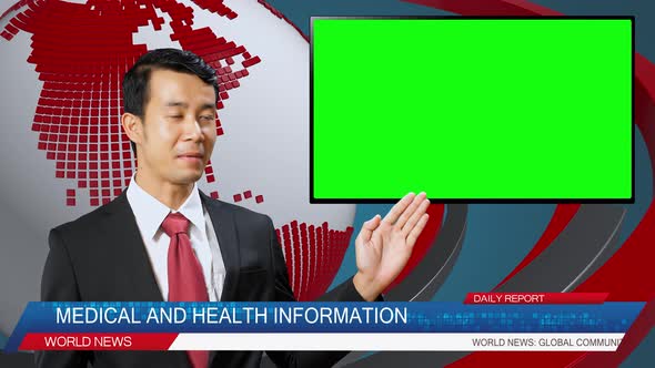 Live News Studio With Asian Male Anchor Reporting On Medical And Health, Green Chroma Key Screen alt