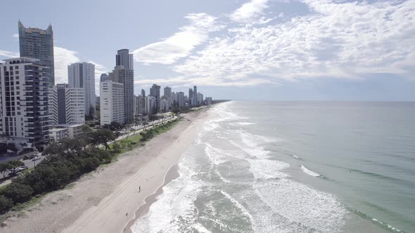 Flying On The Sandy Beach With Coastal Road At The Surfers Paradise In Gold Coast, Queensland, Austr alt
