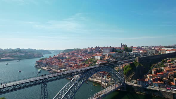 Aerial View of Porto Dom Luis I Bridge Douro River Old Town Portugal