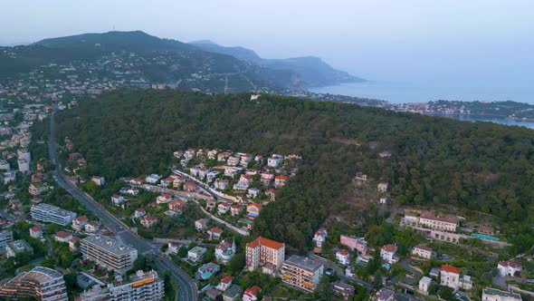 Aerial shot of Mont Boron hill in Nice, Cote d'Azur, France alt