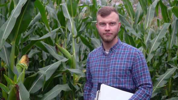 Agronomist with Notebook, Checking the Field Corn a Background of Greenery. Concept Ecology, Bio alt