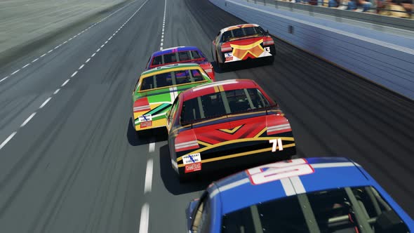 Race Car Speeding Along The Curve Racetrack on stadium during sport event. 4K alt